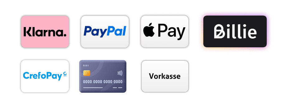 Zahlungsarten Klarna, Paypal, ApplePay, Billie, CrefoPay, Kreditkarte, Vorkasse