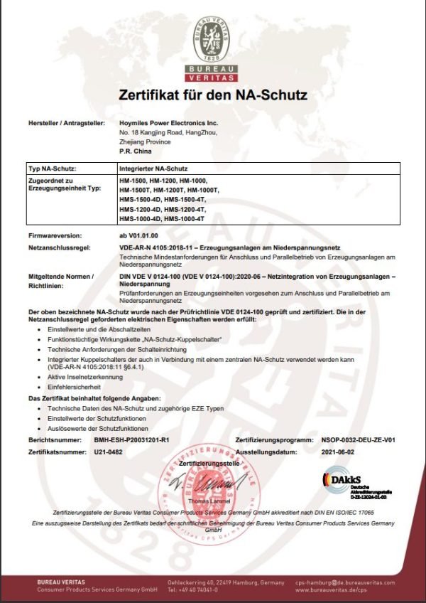 Abbildung de Zertifikates für HM-1500 Hoymiles Wechselrichter 1500W Zertifikat des Microinverters