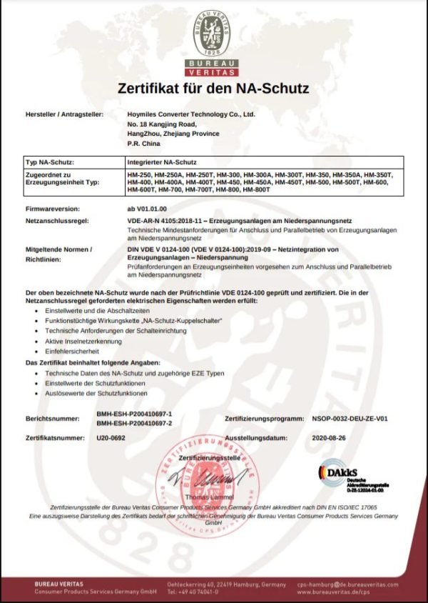 Zertifikat für NA-Schutz für HM-400 und weitere Hoymiles Microwechselrichter