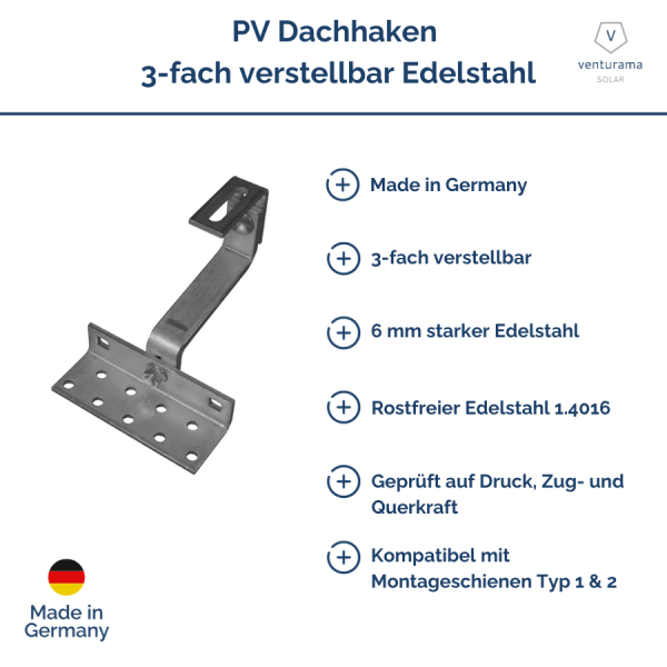 Produktbild PV Dachhaken: Mittellast-Dachhaken 3-fach-verstellbar (1.4016 MT6x30x117mm)