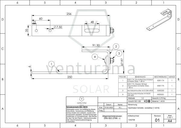 Zeichnung für Dachhaken Schiefer- höhenverstellbar (1.4016)