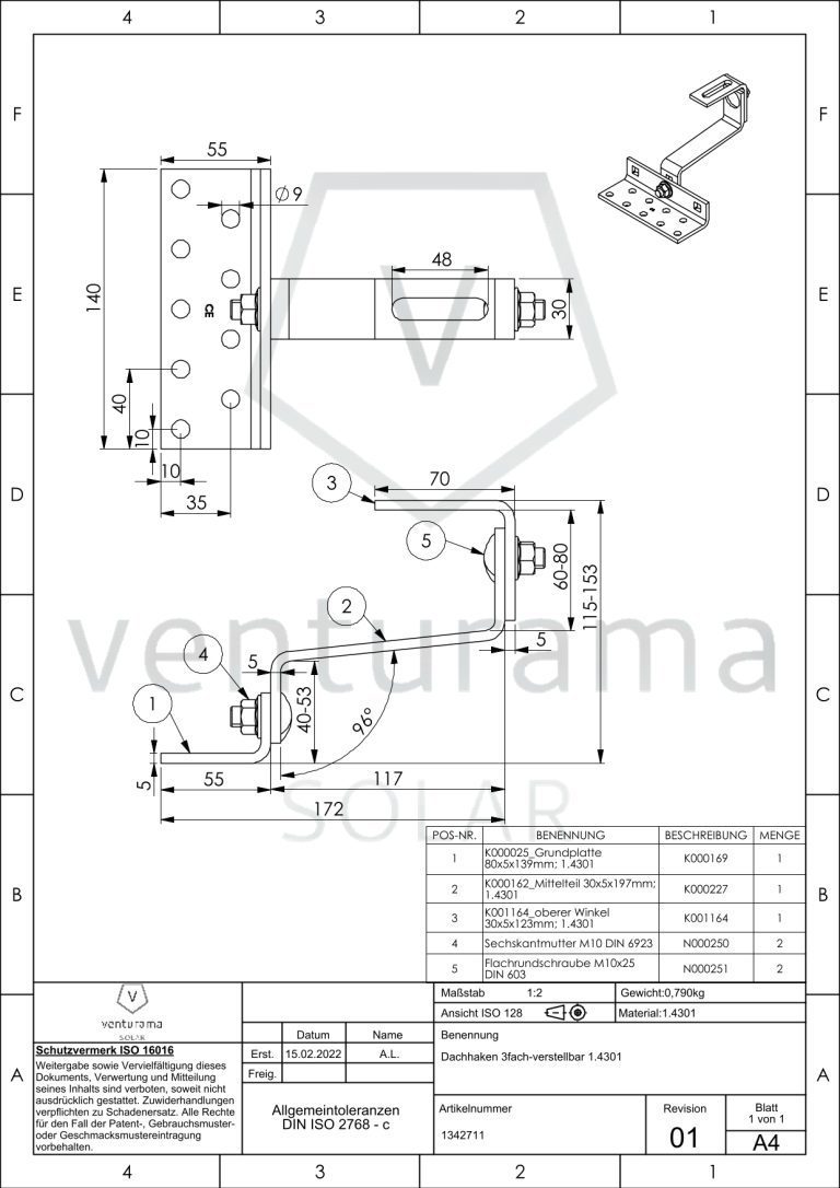 Produktdetails PV Dachhaken 3-fach verstellbar Edelstahl MT123 (1.4301) Standard