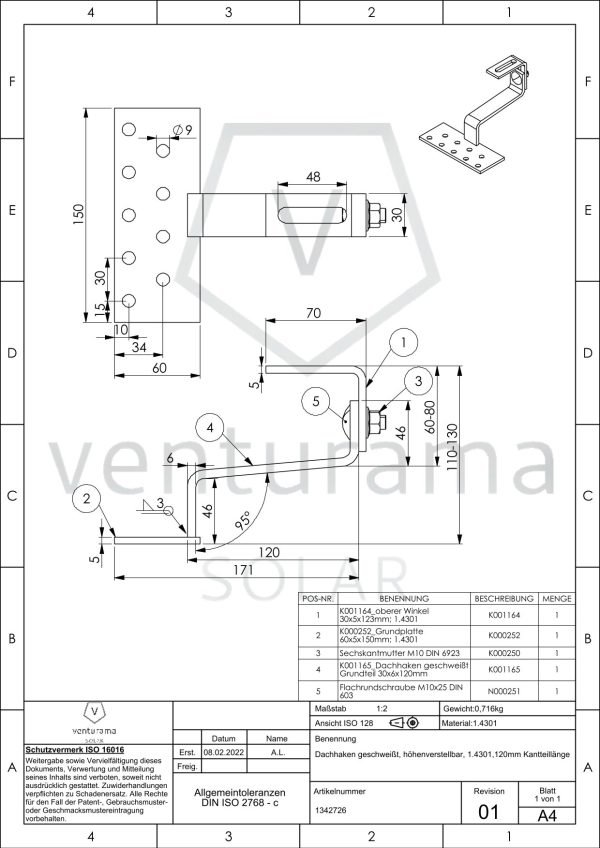 Zeichnung für Mittellast-Dachhaken geschweißt- höhenverstellbar (A2 1.4301)- MT120