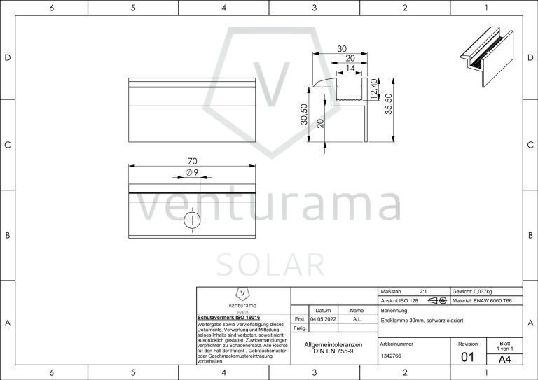 Zeichnung für Endklemme mit Klick-System (schwarz- eloxiert)
