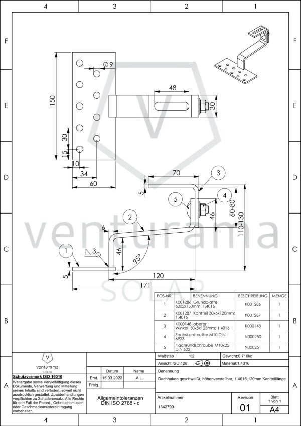 Zeichnung für Dachhaken geschweißt- höhenverstellbar (1.4016)- MT120
