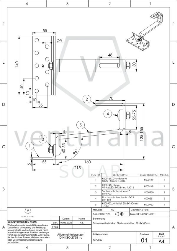 Zeichnung für Sonder-Dachhaken 3-fach-verstellbar (1.4016- MT8x30x160mm in A2 1.4301)