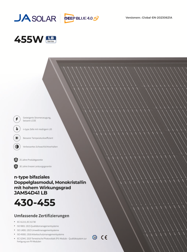 Datenblatt JA Solar JAM54D41 LB 440W Full Black – Bifaziale Module