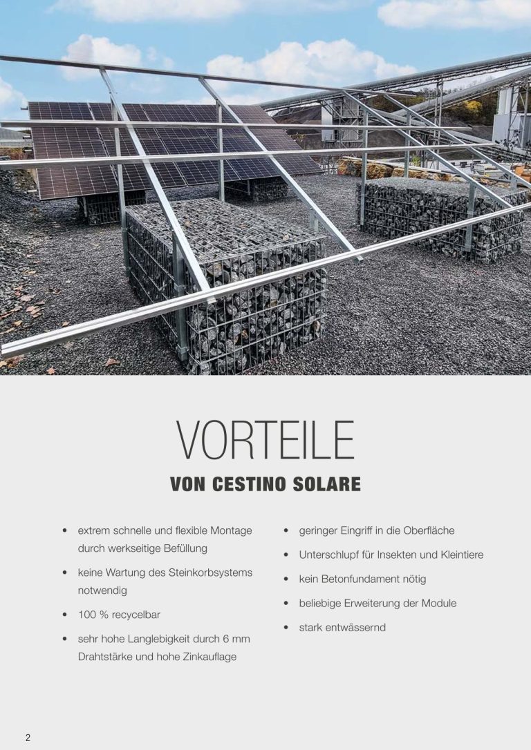 Broschüre: Vorteile der Cestino Solare Plurale – PV Unterkonstruktion mit 2 Gabionen