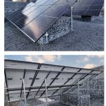 Broschüre: Produktbild der PV Unterkonstruktion mit zwei Gabionen von schräg vorne und hinten.