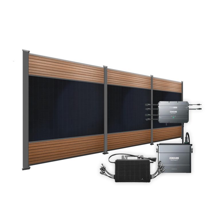 Produktbild FlexPVence Solarzaun 2m hoch mit drei PV Modulen und Speicher