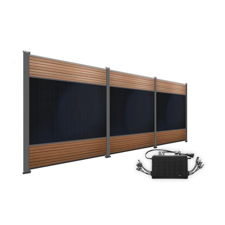Produktbild FlexPVence Solarzaun 2m hoch mit drei PV Modulen und Wechselrichter