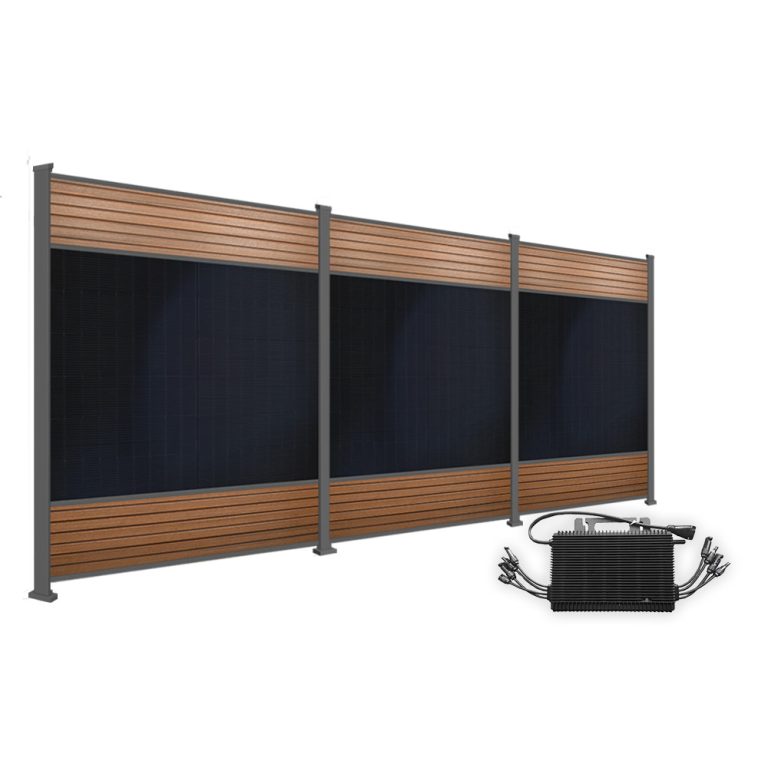 Produktbild FlexPVence Solarzaun 1,80m hoch mit drei PV Modulen und Wechselrichter