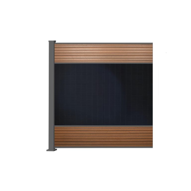 Vorderansicht FlexPVence Solarzaun Feld mit 1x Eckposten in Teak