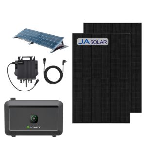 Produktbild: Balkonkraftwerk mit Growatt Mikrowechselrichter, Solarspeicher, Unterkonstruktion und Ja Solar Modulen