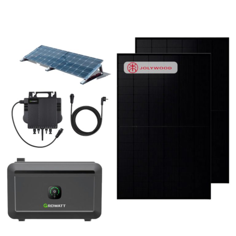 Produktbild: Balkonkraftwerk mit Growatt Mikrowechselrichter, Solarspeicher, Unterkonstruktion und Jolywood Modulen