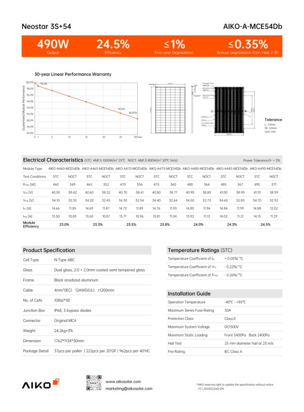 Datenblatt Aiko Neostar 3S+ AIKO-A-MCE54Db 475W Glas-Glas Modul
