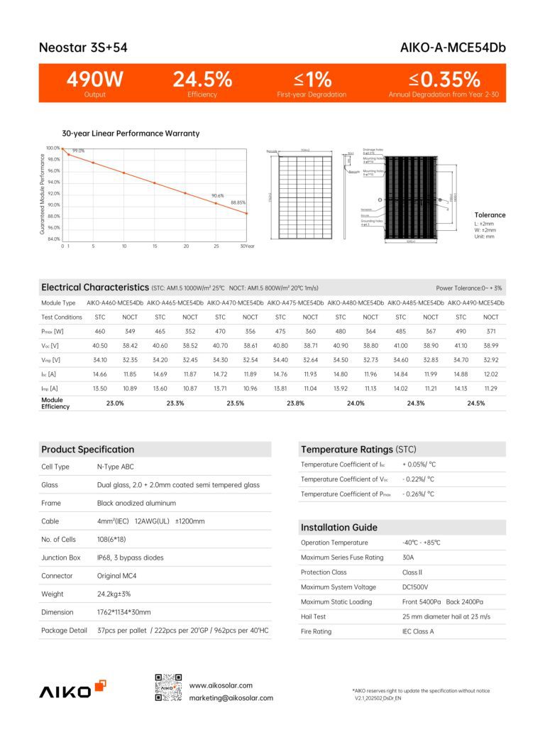 Datenblatt Aiko Neostar 3S+ AIKO-A-MCE54Db 475W Palette 37 Stück – PV Module