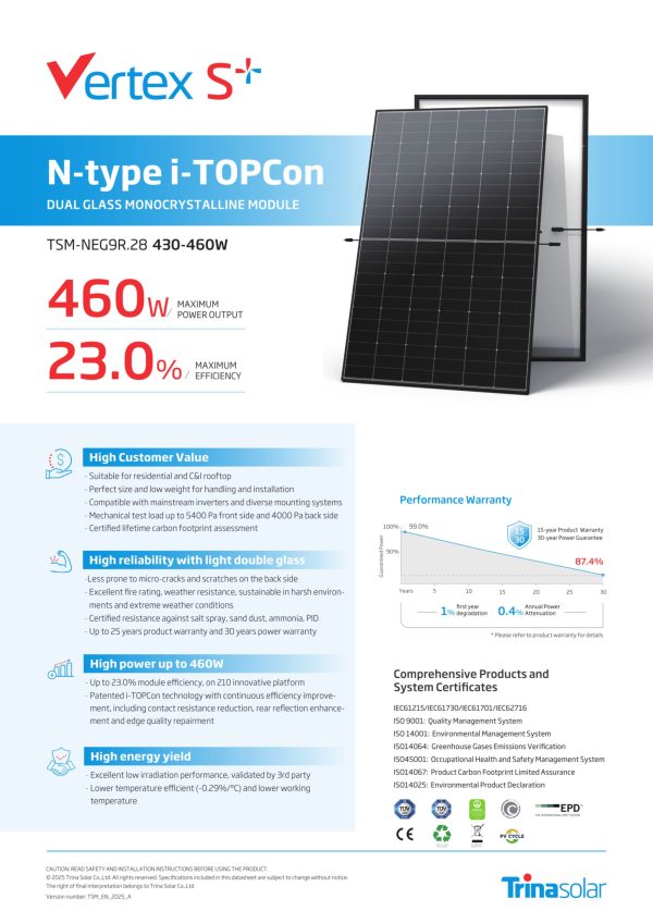 Datenblatt Trina Vertex S+ TSM-NEG9R.28 455W Glas-Glas Modul Palette