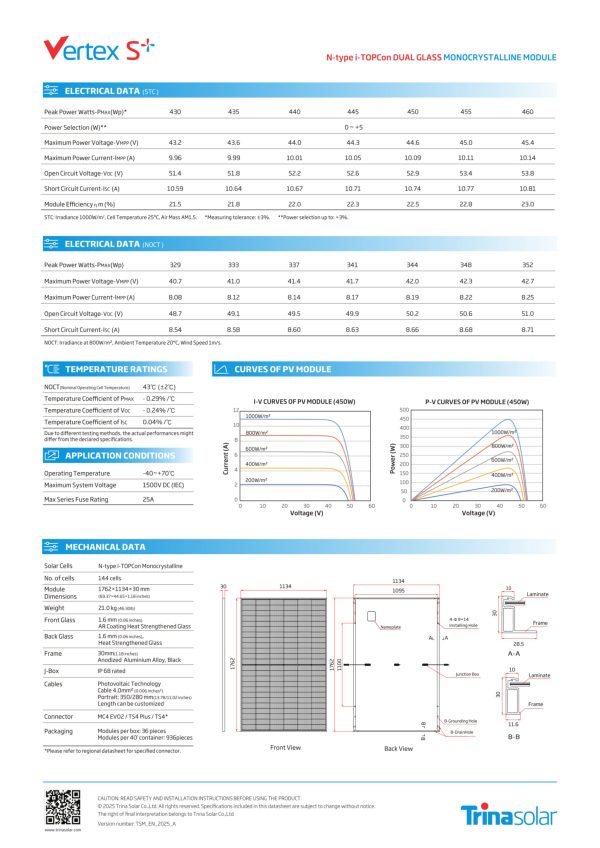 Datenblatt Trina Vertex S+ TSM-NEG9R.28 455W Glas-Glas Modul Palette