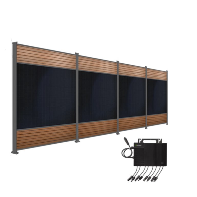 Produktbild FlexPVence Solarzaun 1,80m hoch mit vier PV Modulen und Wechselrichter
