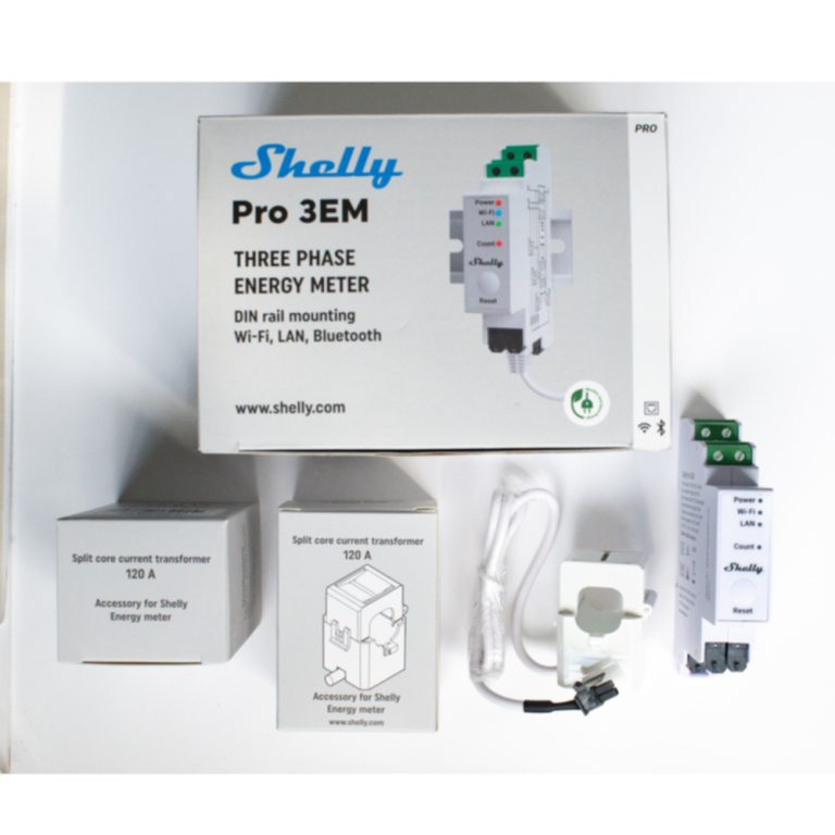 Produktbild: Inhalt des Shelly Pro 3EM ausgepackt.